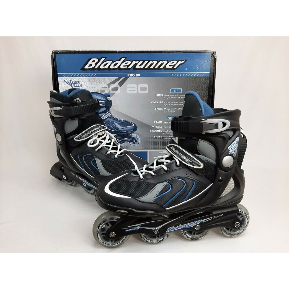 Mens Bladerunner Pro 80 ABEC 5 Inline Skates Black Blue Gray 80mm Wheel Sz 10